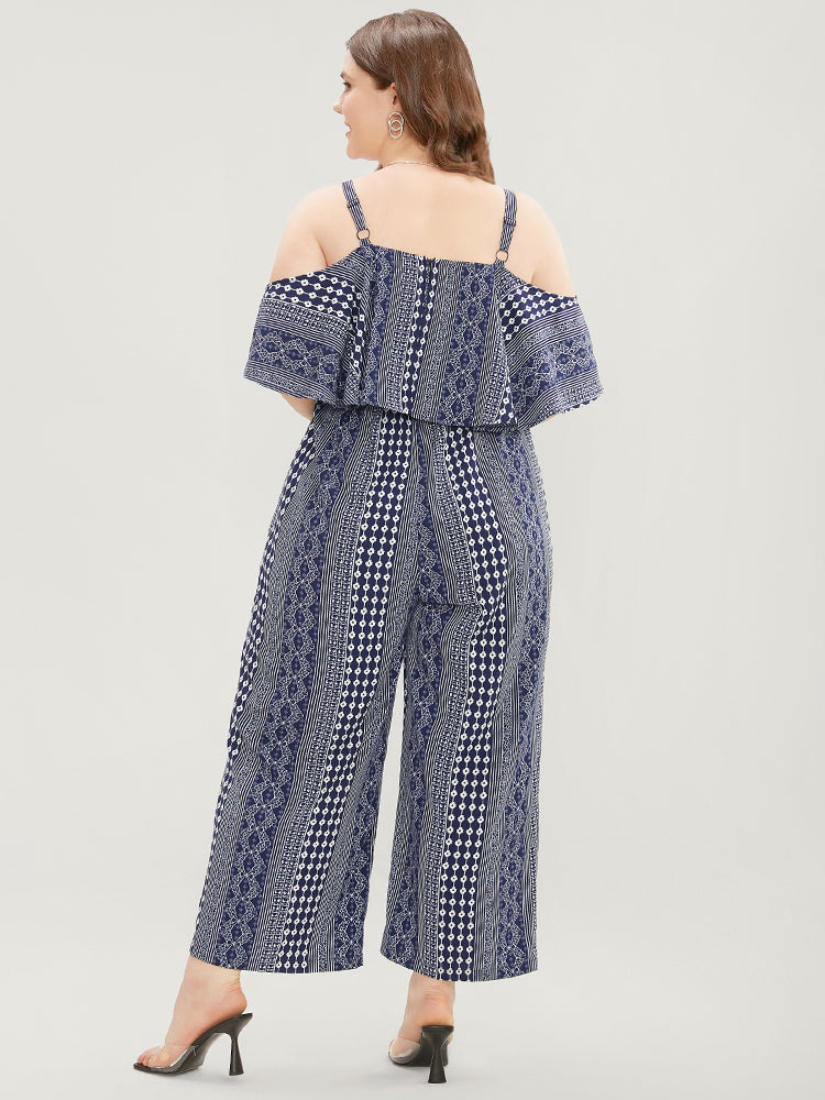 Striped Geometric Pocket Ruffles Cold Shoulder Jumpsuit