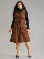 Solid Belted Buckle Detail Flap Pocket Sleeveless Dress
