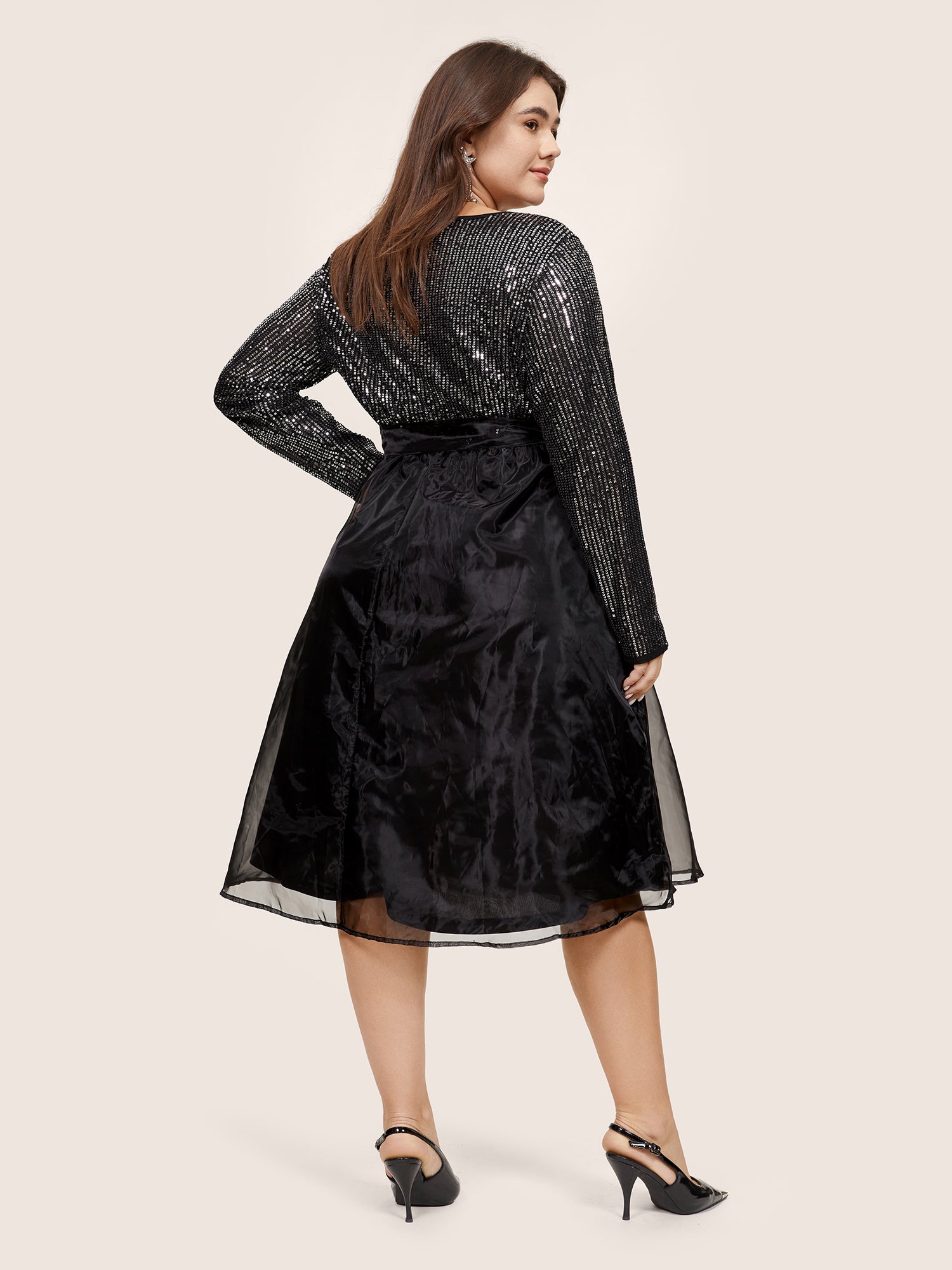 Sequin Mesh Patchwork Wrap Belted Dress