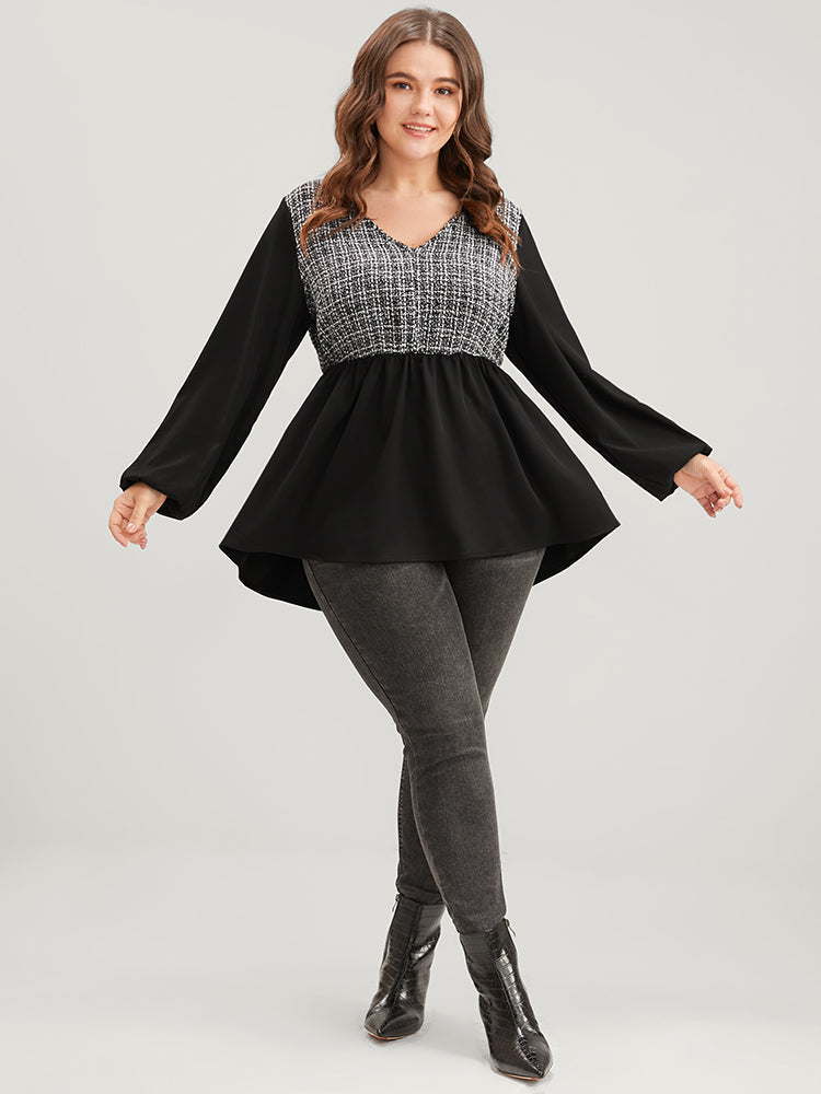 Gingham Tweed Lantern Sleeve Asymmetrical Hem Blouse