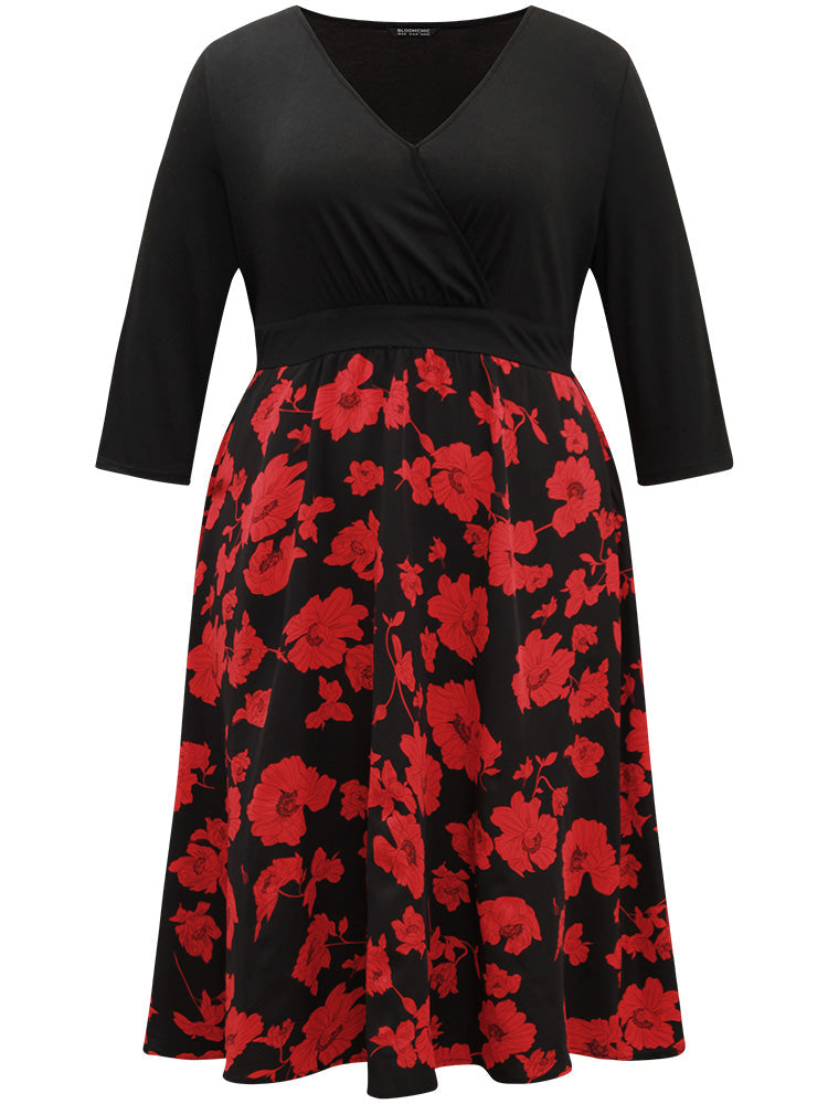 Silhouette Floral Print Patchwork Surplice Neck Dress