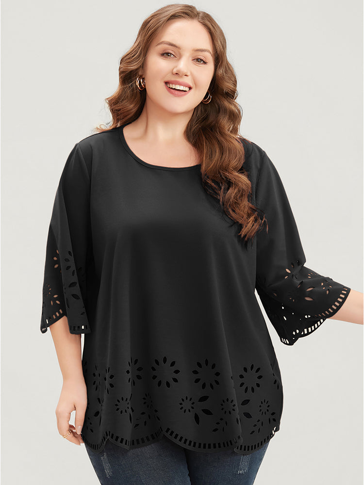 Solid Laser Cut Scalloped Trim T-shirt