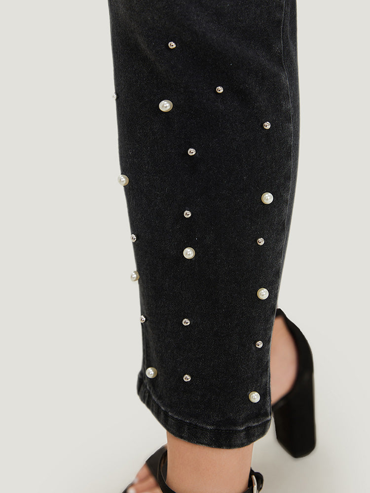 Beaded Detail Pocket Very Stretchy Black Wash Jeans