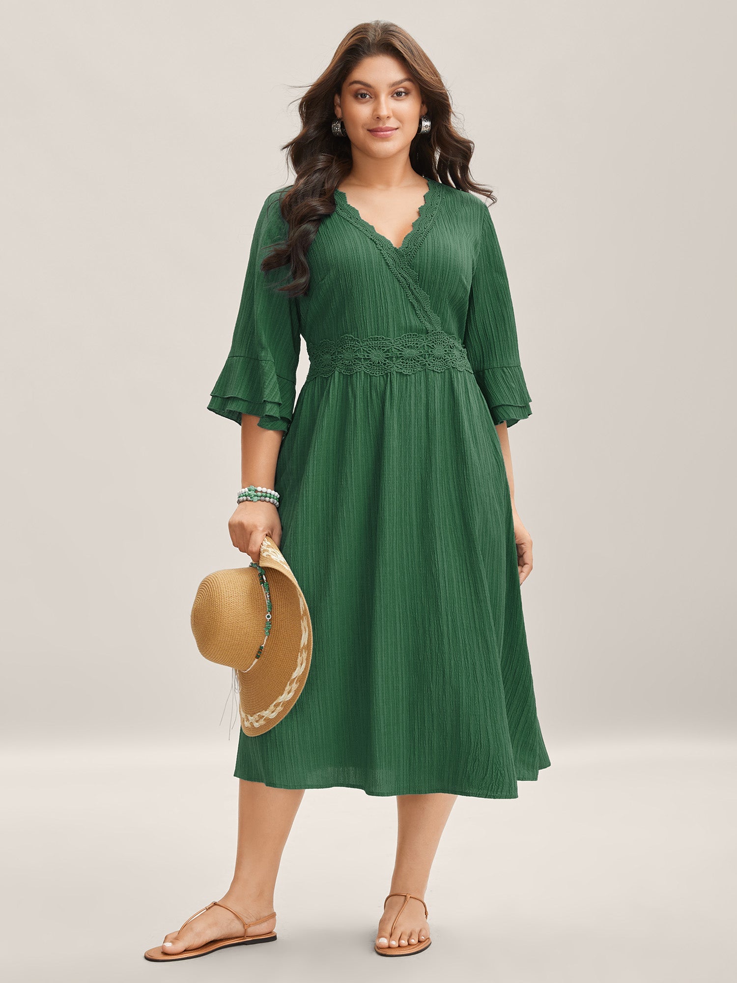 Scalloped Lace Surplice Ruffled Midi Dress