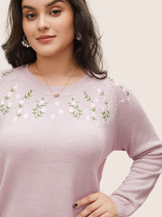 Floral Embroidered Crew Neck Raglan Sleeve Pullover