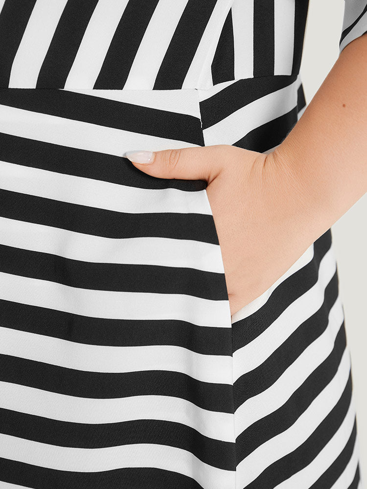 Striped Ruffle Hem Pocket Open Front Kimono