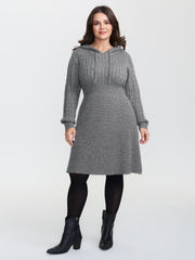 Textured Hooded Waist-Defining Sweater Dress