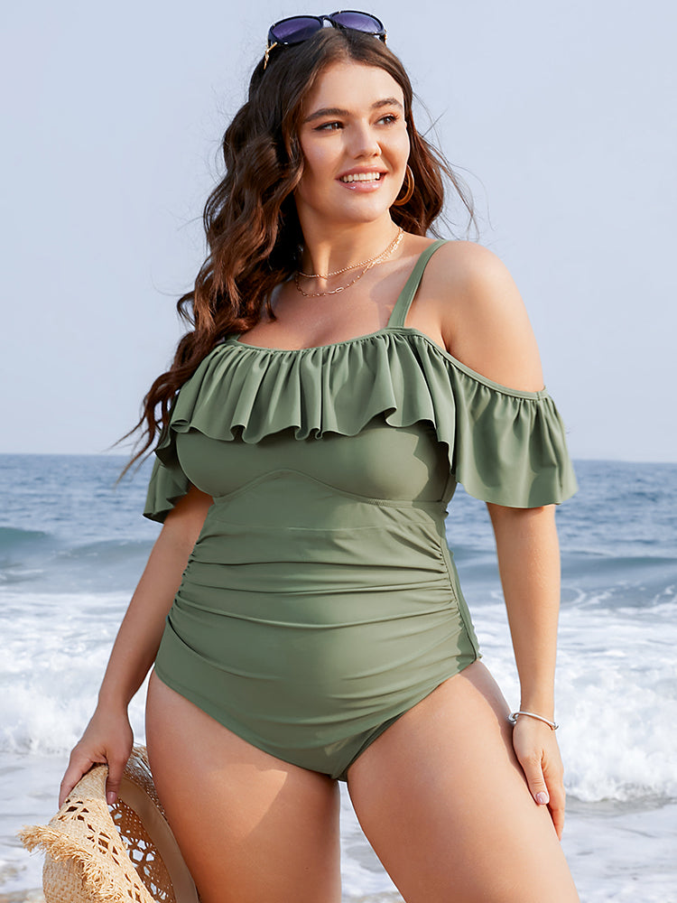 Ruffles Trim Sculpt Waist Cold Shoulder One Piece Swimsuit