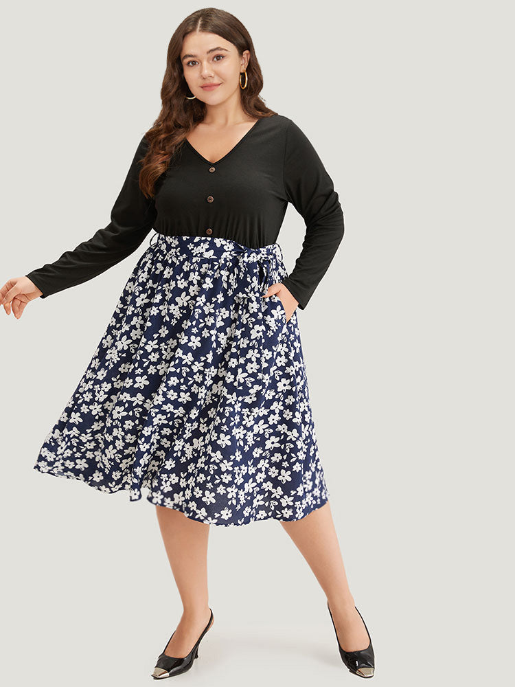 Silhouette Floral Print Belted Button Detail Dress