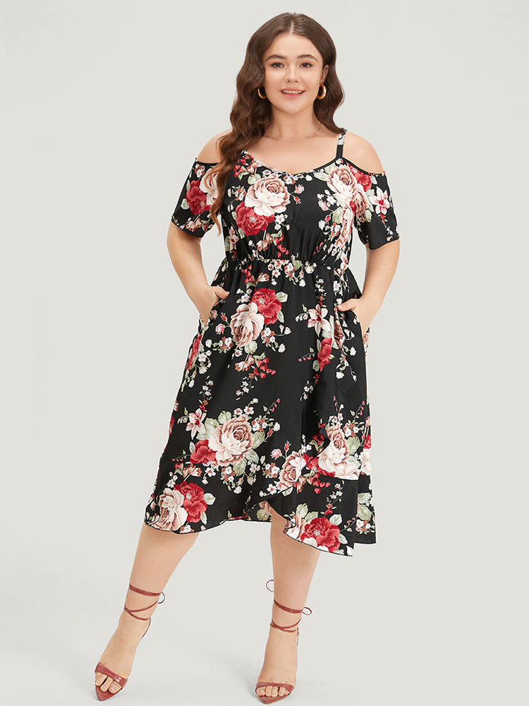 Floral Print Pocket Asymmetrical Hem Cold Shoulder Dress