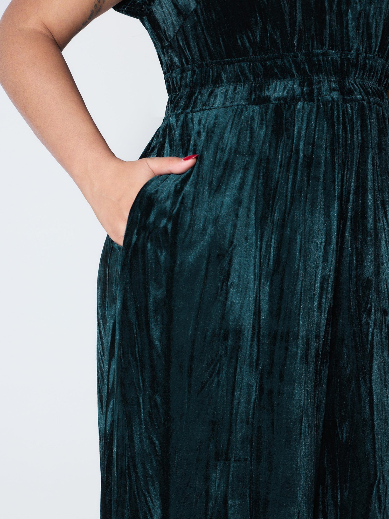 Velvet Pleated Waist Notched-Collar Jumpsuit