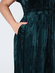 Velvet Pleated Waist Notched-Collar Jumpsuit