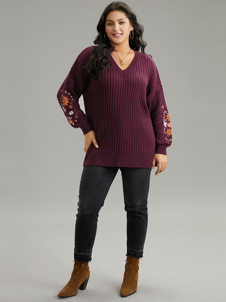 Floral Embroidered Plisse Drop Shoulder Pullover