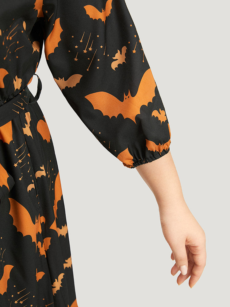 Halloween Bat Print Notched Belted Pocket Dress