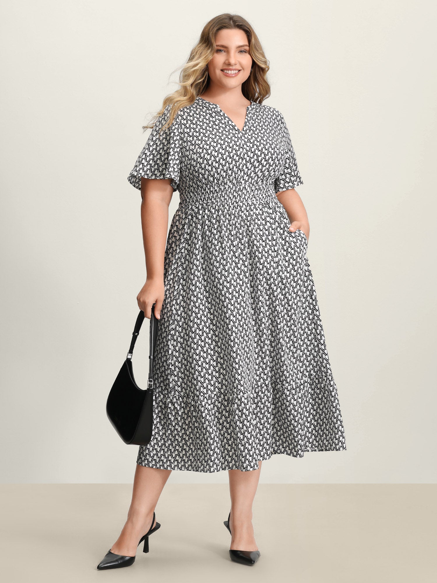 Geometric Print Waist-Cinched Tiered Midi Dress