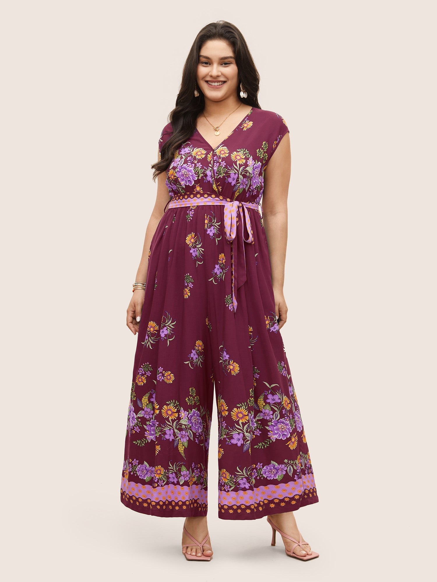 Boho Print Overlap Collar Belted Sleeveless Jumpsuit