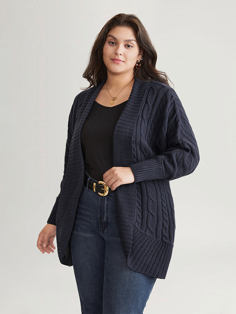 Solid Cable Knit Texture Arc Hem Dolman Sleeve Cardigan