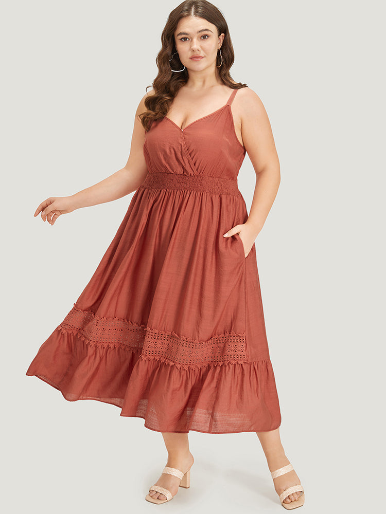 Solid Crochet Lace Gathered Wrap Shirred Cami Dress