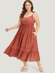 Solid Crochet Lace Gathered Wrap Shirred Cami Dress