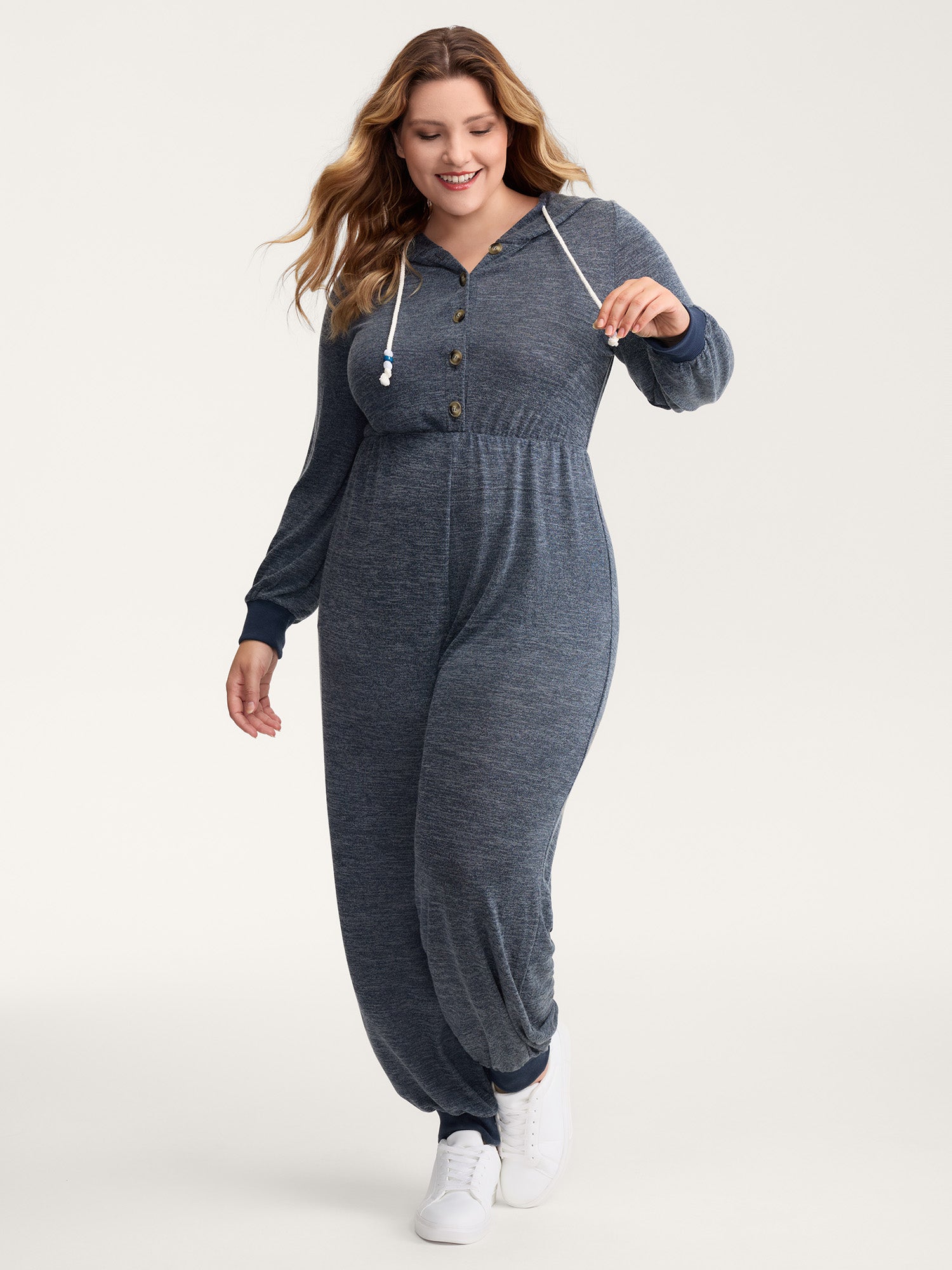 Heather Placket Pockets Ribbed Cuffs Jumpsuit