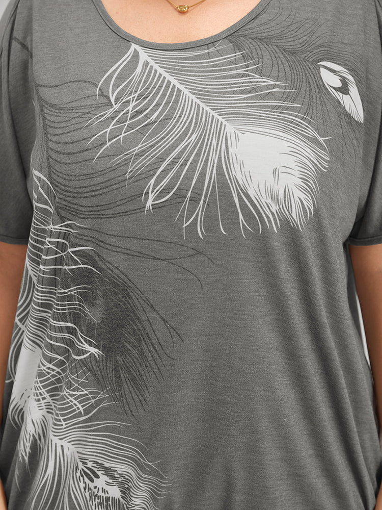 Feather Print Cold Shoulder Crew Neck T-shirt