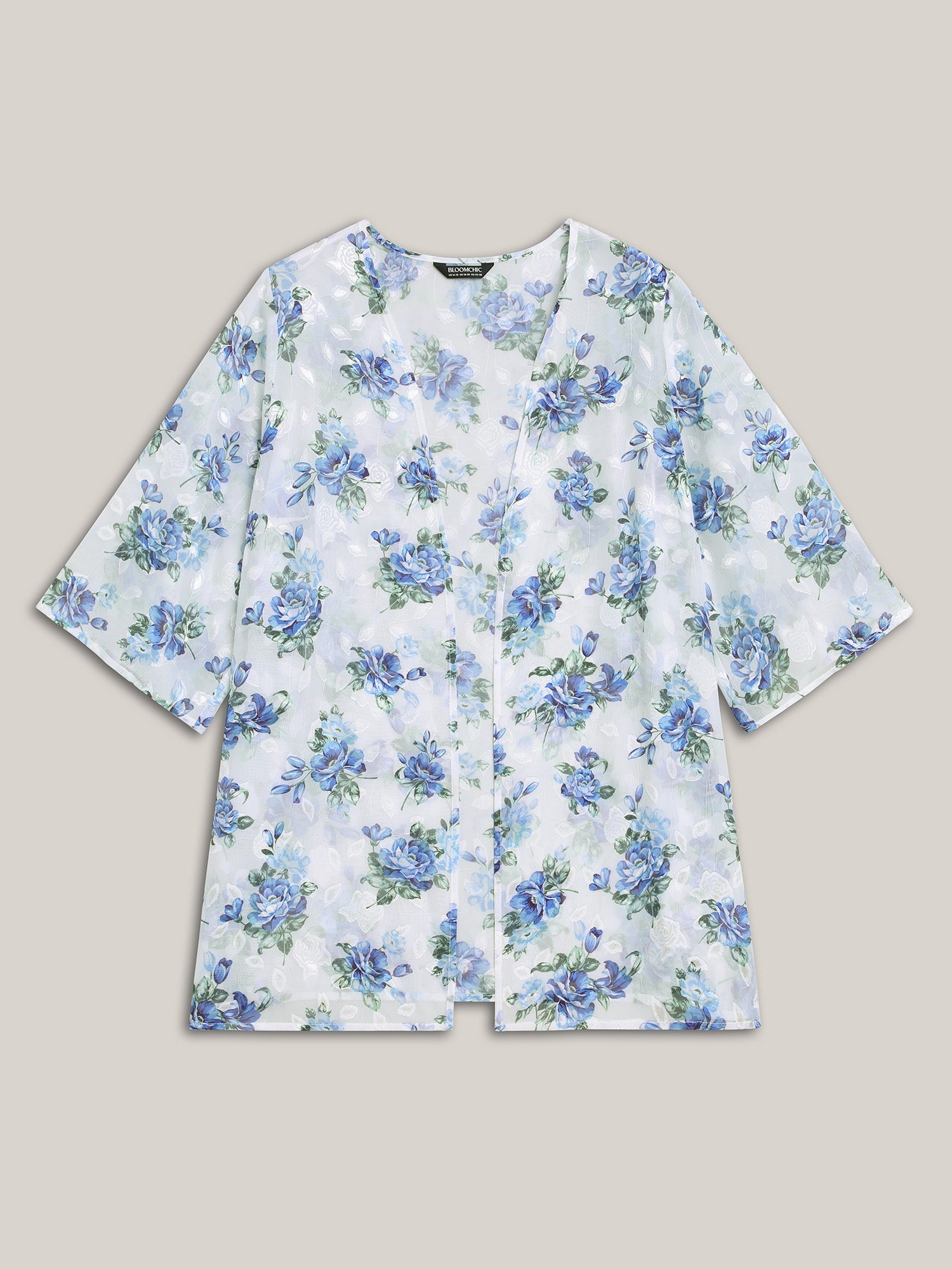 Textured Printed Puff Sleeve Kimono Cardigan