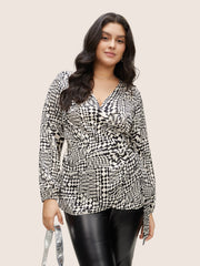 Asymmetrical Geometric Wrap Button Detail Blouse