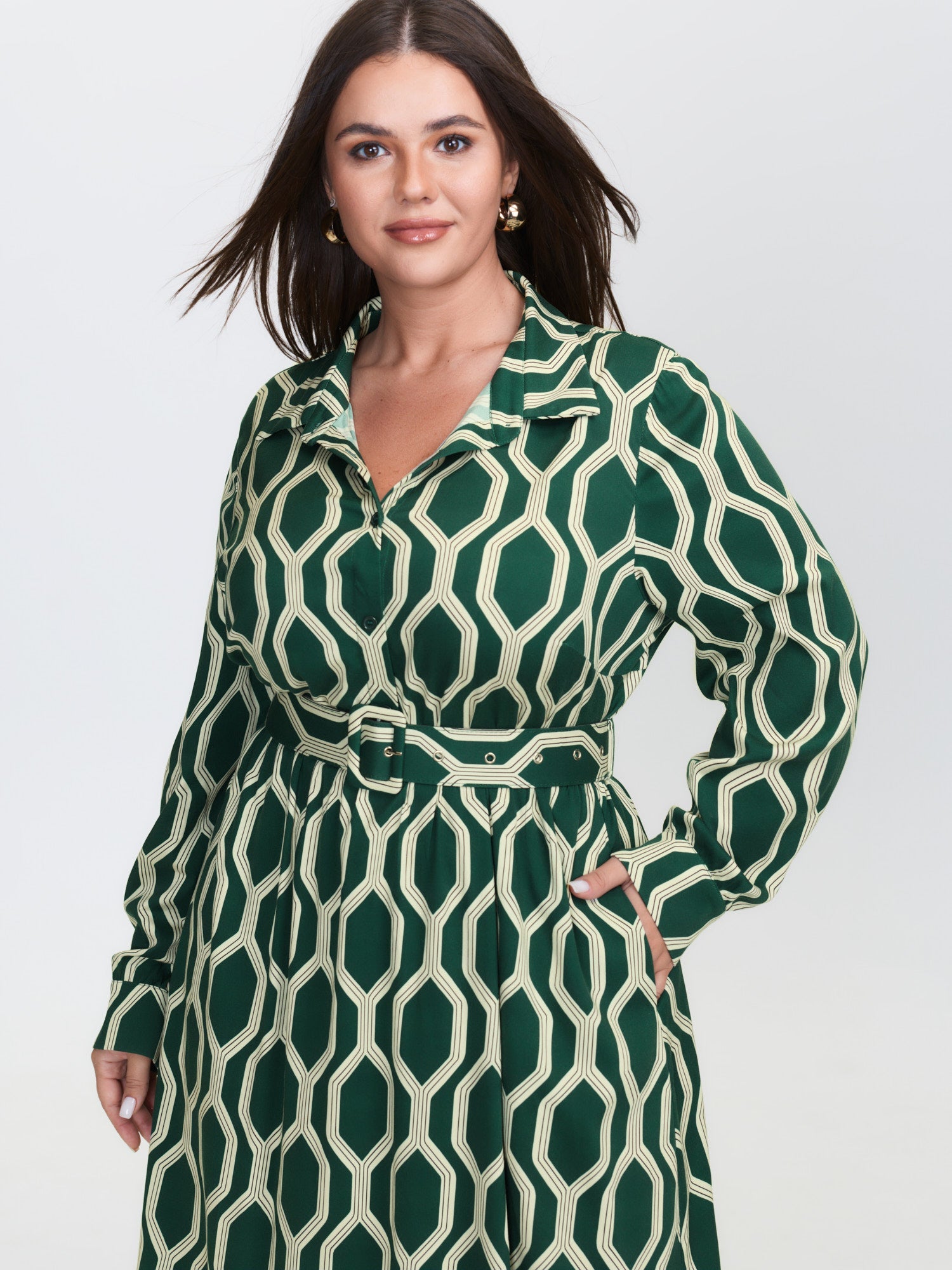 Geometric Print Rayon Belted Maxi Dress