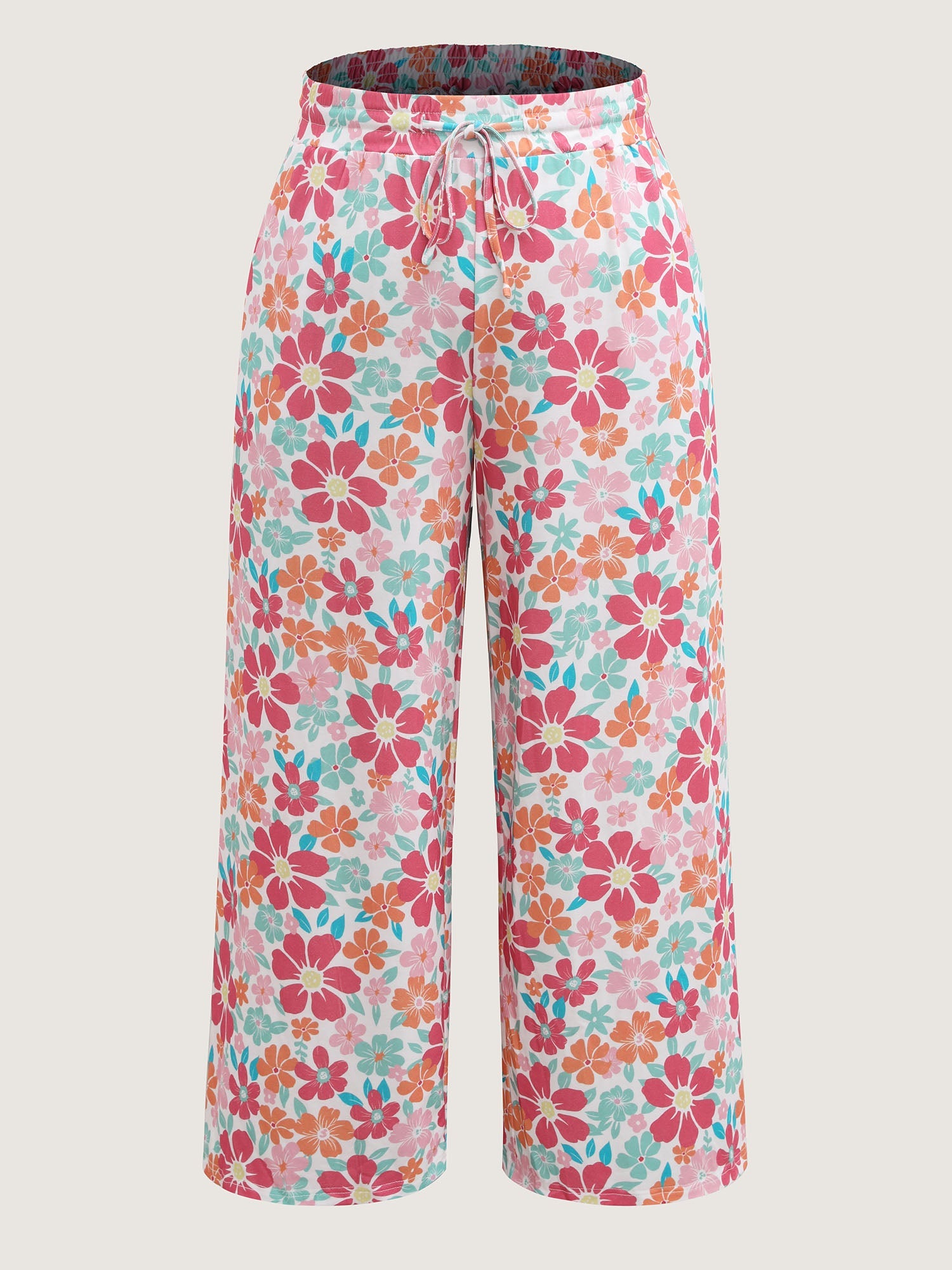 Floral Print Drawstring Waist Wide-Leg Pants