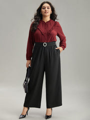 Static-Free Solid Glitter Buckle Detail Belted Pants
