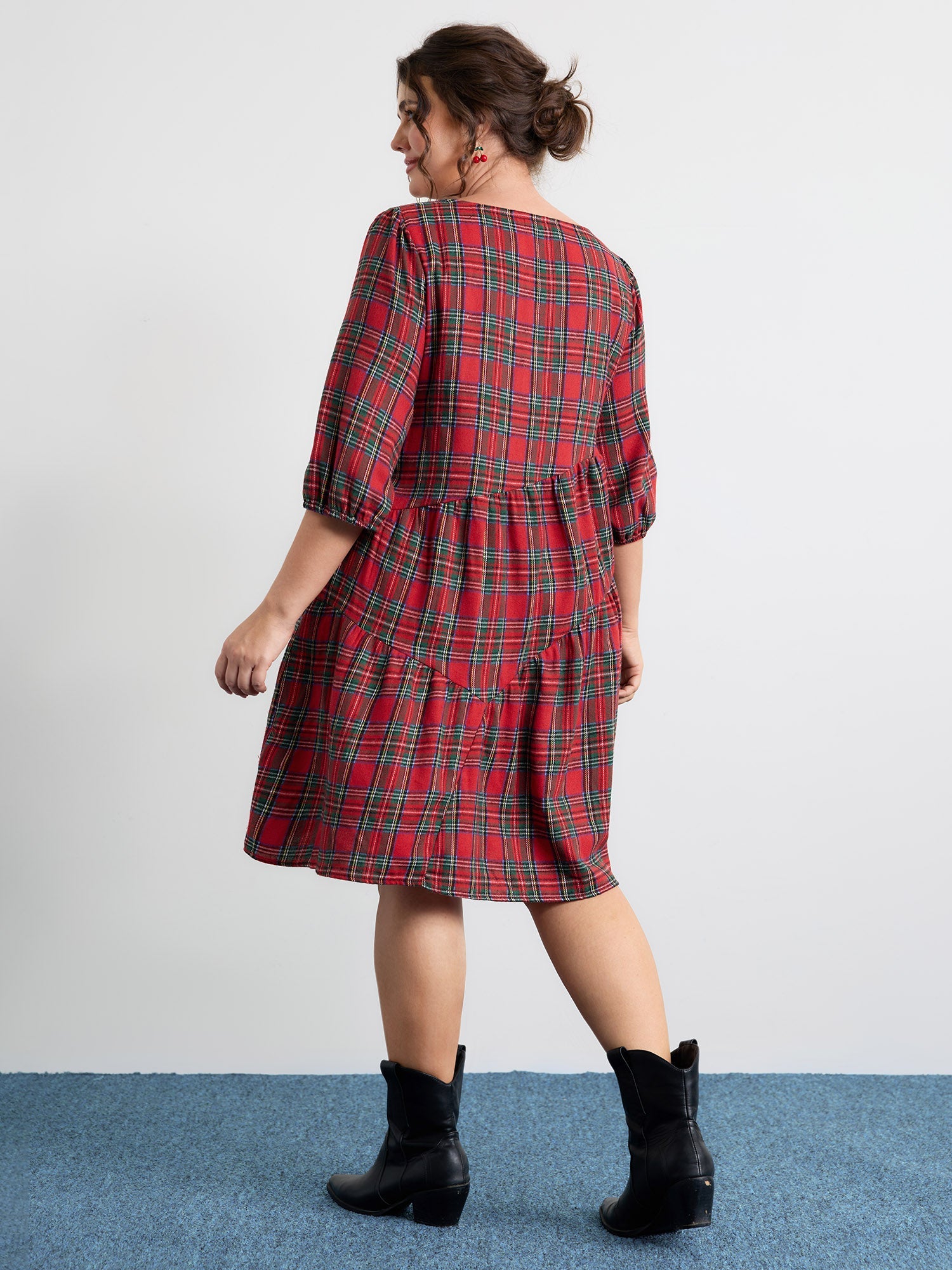 Festive Plaid Wavy Trim Midi Dress