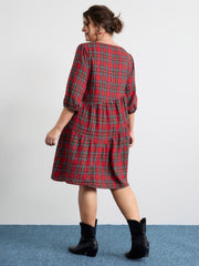 Festive Plaid Wavy Trim Midi Dress