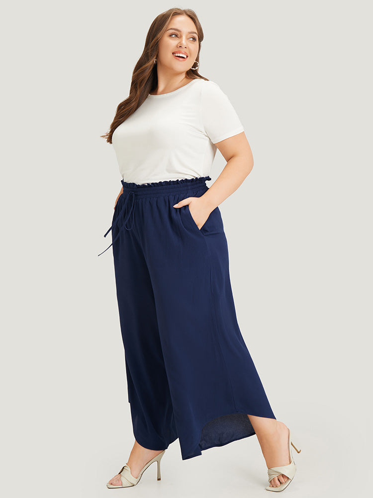 Solid Paperbag Waist Asymmetrical Hem Wide Leg Pants