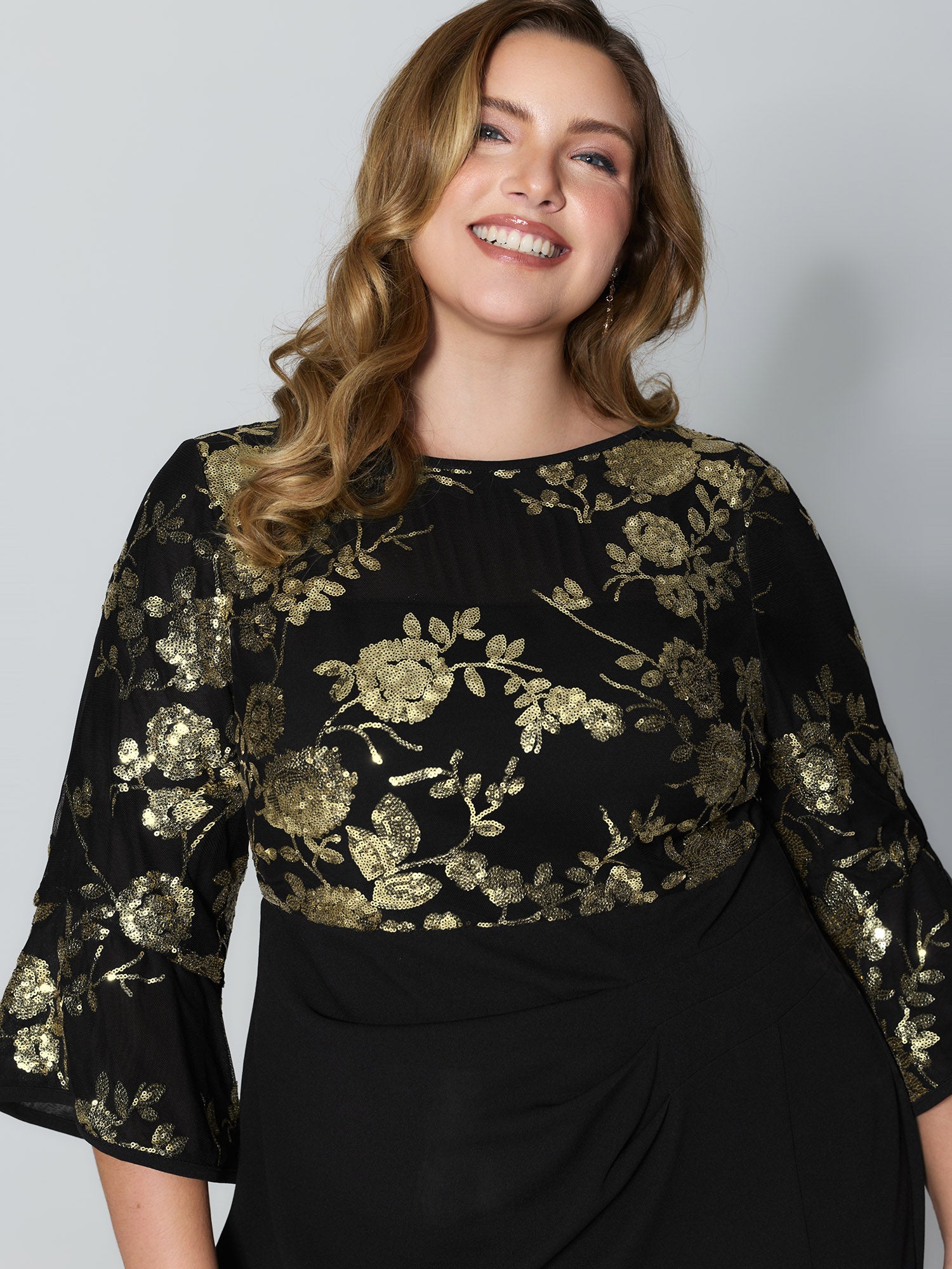 Sequin Floral Cut-Out Drapey Knee-Length Dress