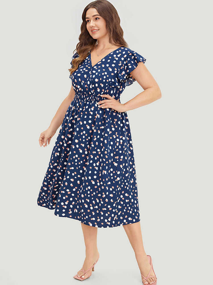 Allover Print Pocket Wrap Flutter Cap Sleeve Dress