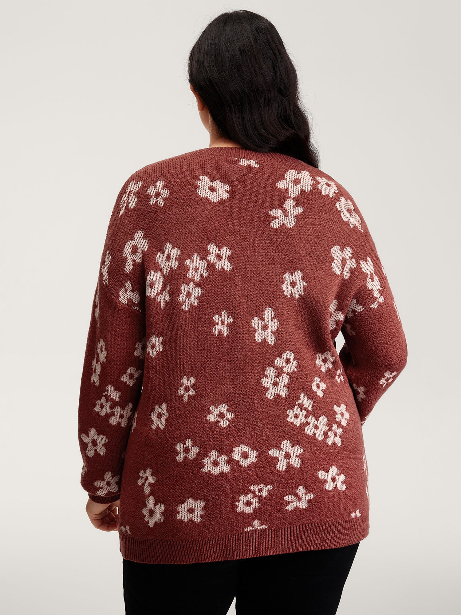 Floral Pattern Round Neck Ribbed Pullover
