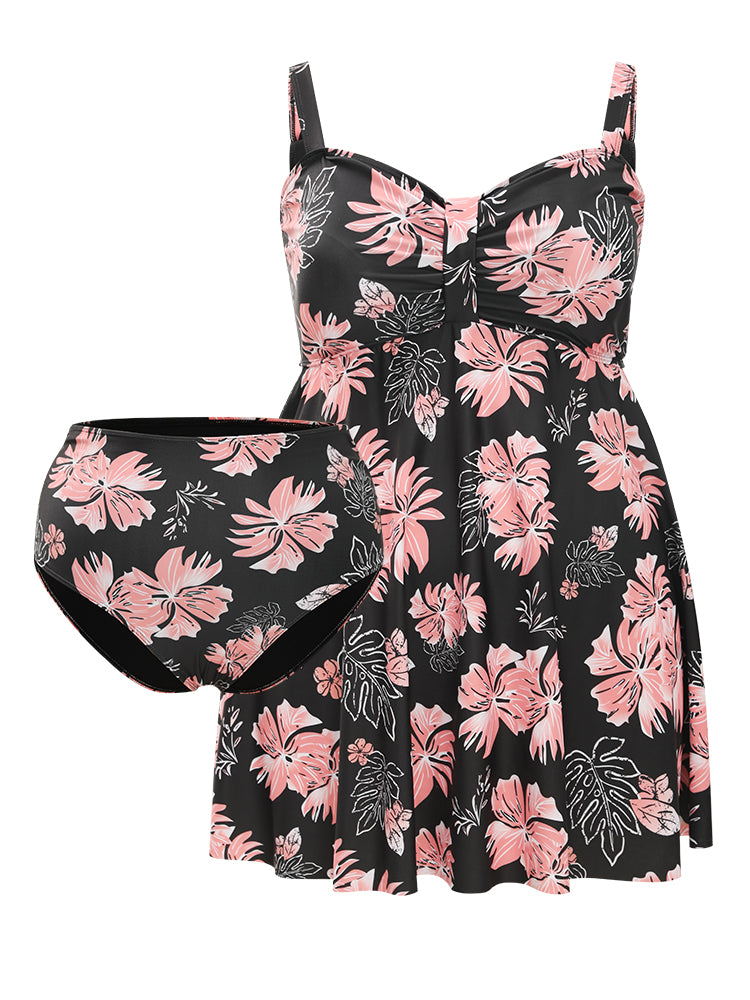 Floral Print Gathered  Adjustable Straps Swim Dress