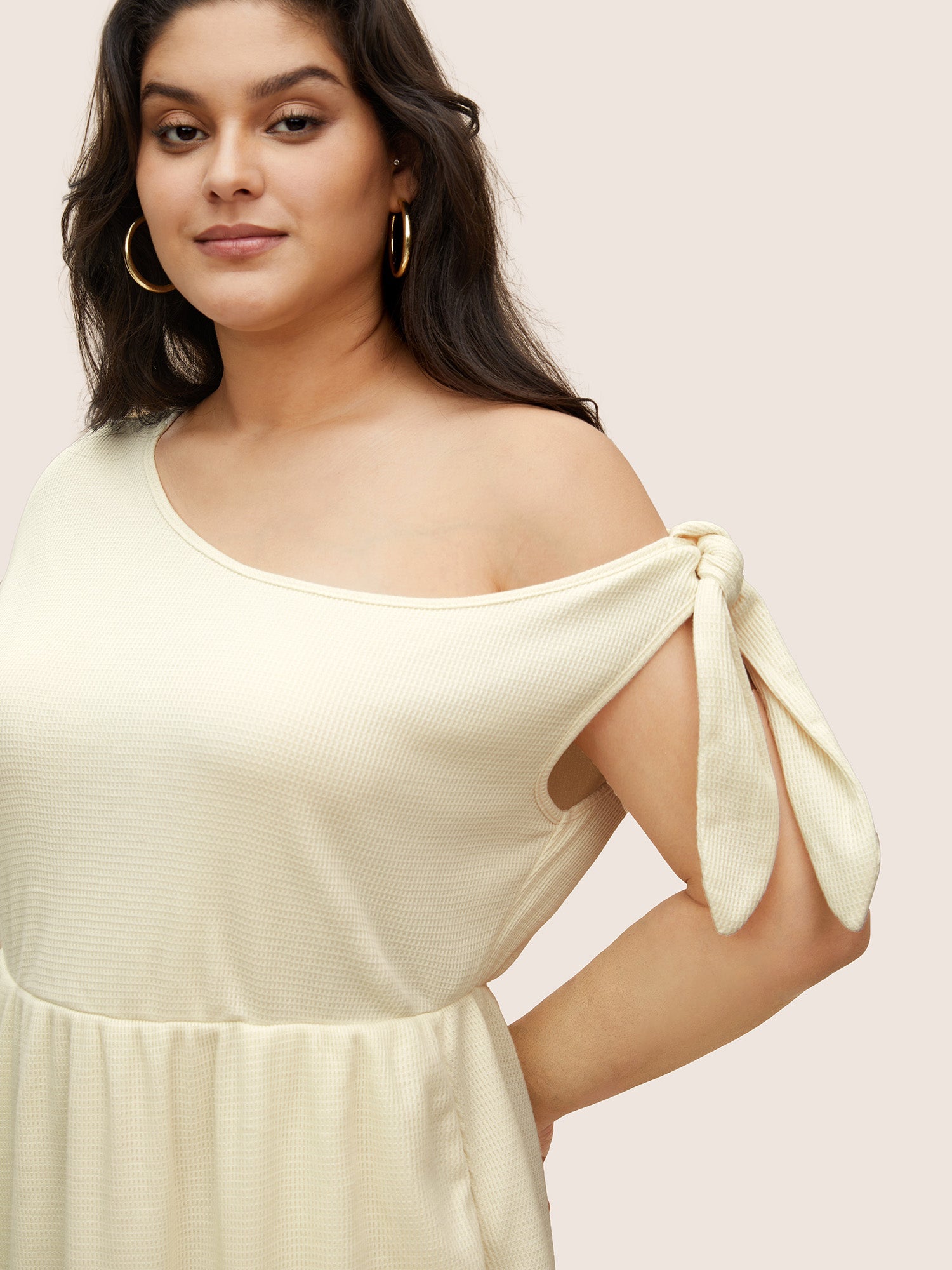 Asymmetrical Neck Waffle Knit Tie Knot Dress