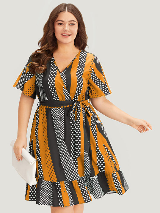 Striped & Polka Dot Graphic Pocket Ruffle Wrap Dress