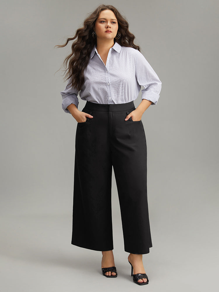 Solid Button Detail Wide Leg Pants