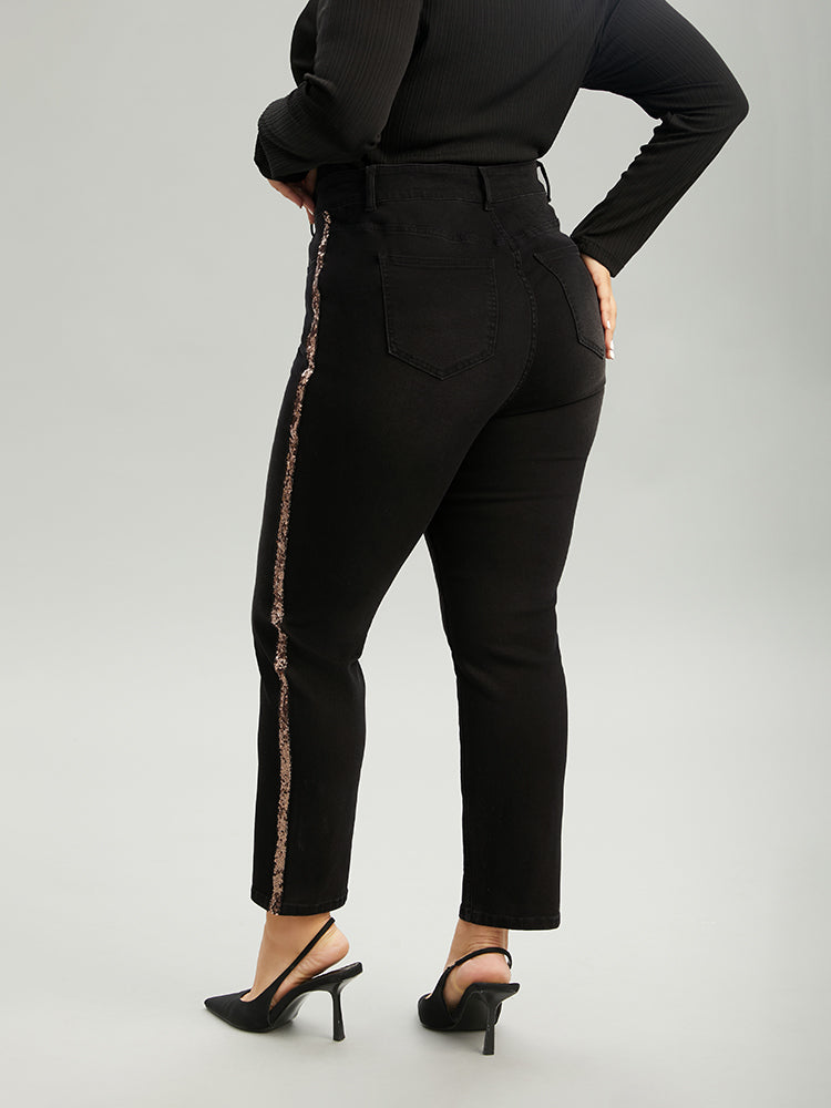 Sequin Patchwork Black Wash Straight Leg Jeans