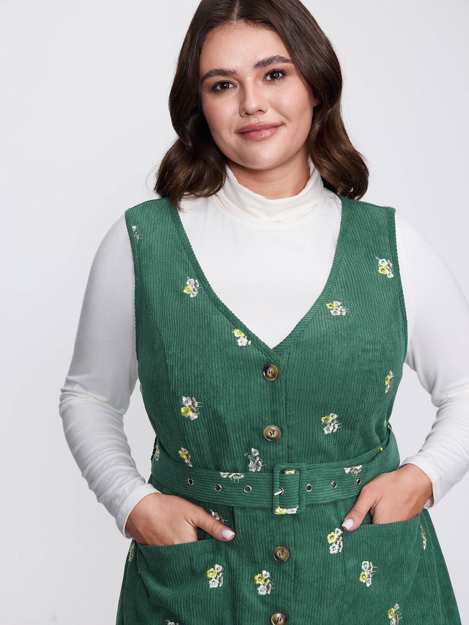 Floral Embroidered Belted Waist Midi Dress