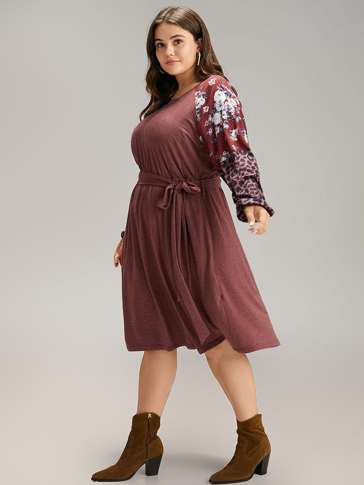 Floral Leopard Patchwork Belted Lantern Sleeve Dress