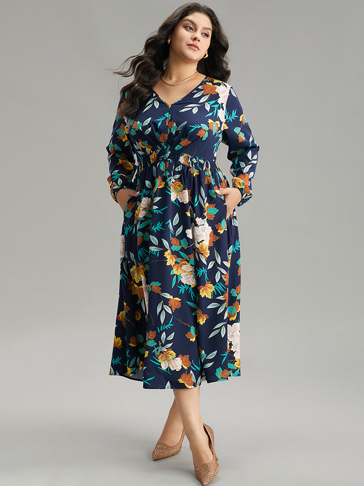 Floral Print Shirred Lantern Sleeve Dress