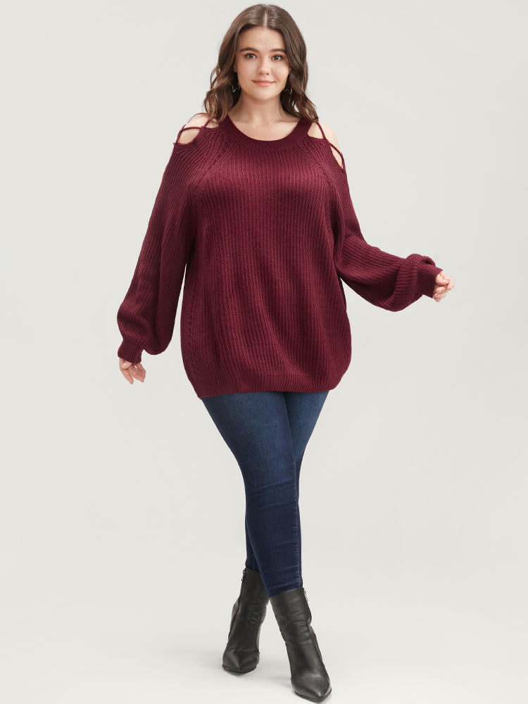 Solid Pointelle Knit Cut Out Lantern Sleeve Knit Top