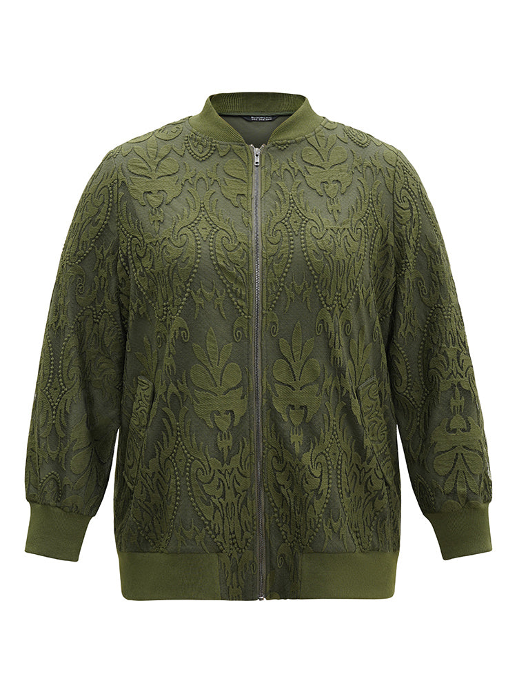 Silhouette Floral Print Zipper Lace Panel Jacket