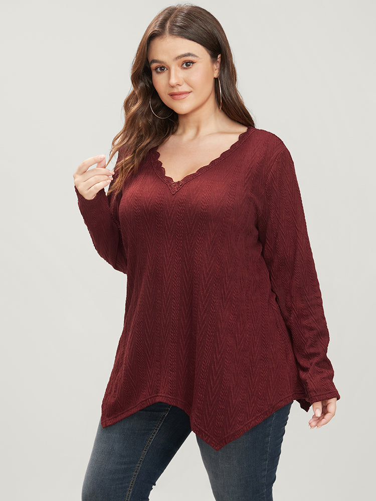 Solid V Neck Lace Trim Asymmetrical Hem Long Tee