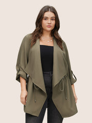 Solid Drawstring Asymmetrical Neck Tab Sleeve Jacket