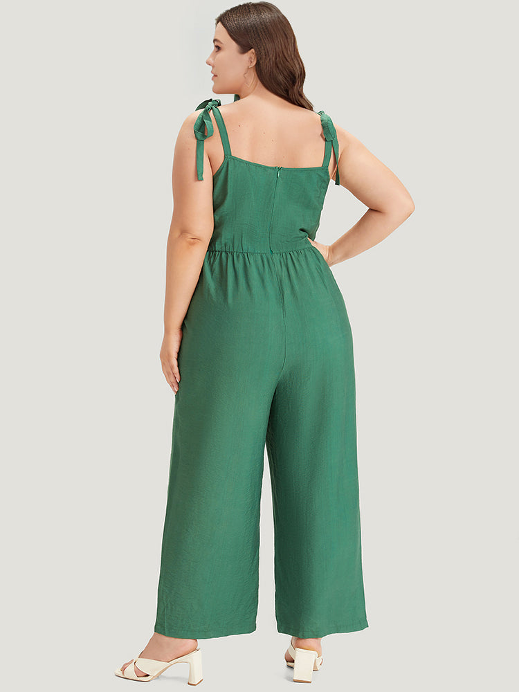 Solid Button Detail Pocket Elastic Waist Knotted Shoulder Jumpsuit
