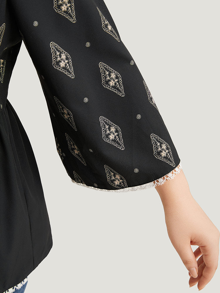 Boho Print Guipure Lace V Neck Bell Sleeve Blouse